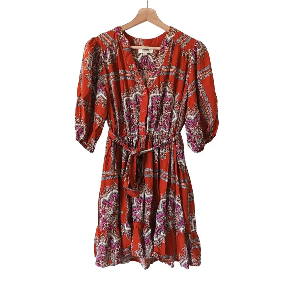 Porridge Anthropologie Isabel Paisley Puff Sleeve Dress Womens‎ XS Rust Orange